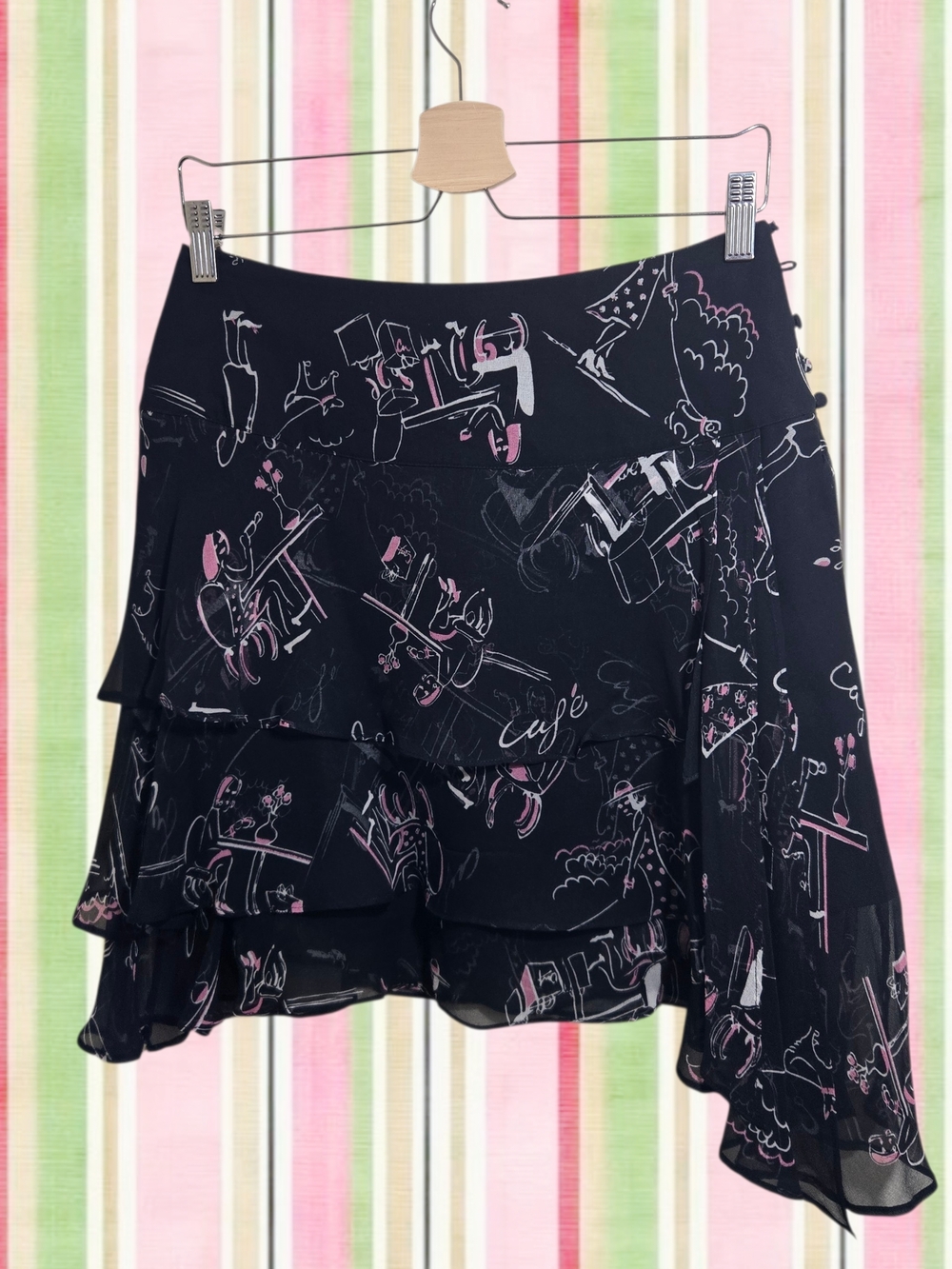 Ice Black Asymmetrical Ruffled Café Print Skirt with Pink Accents